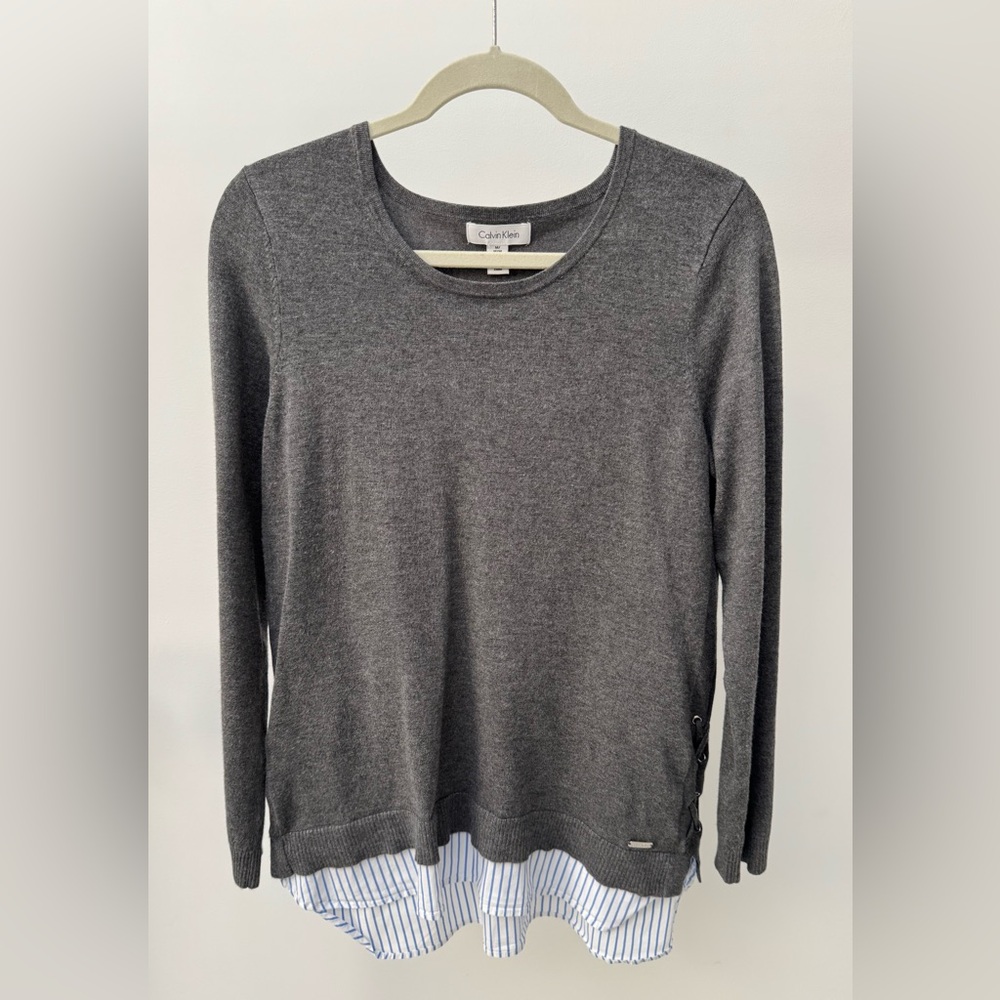 Calvin Klein Layered-Look Gray Sweater Top, Size M